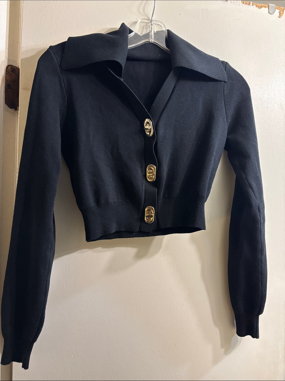 Black V‑Neck Cropped Sweater with Gold Buttons